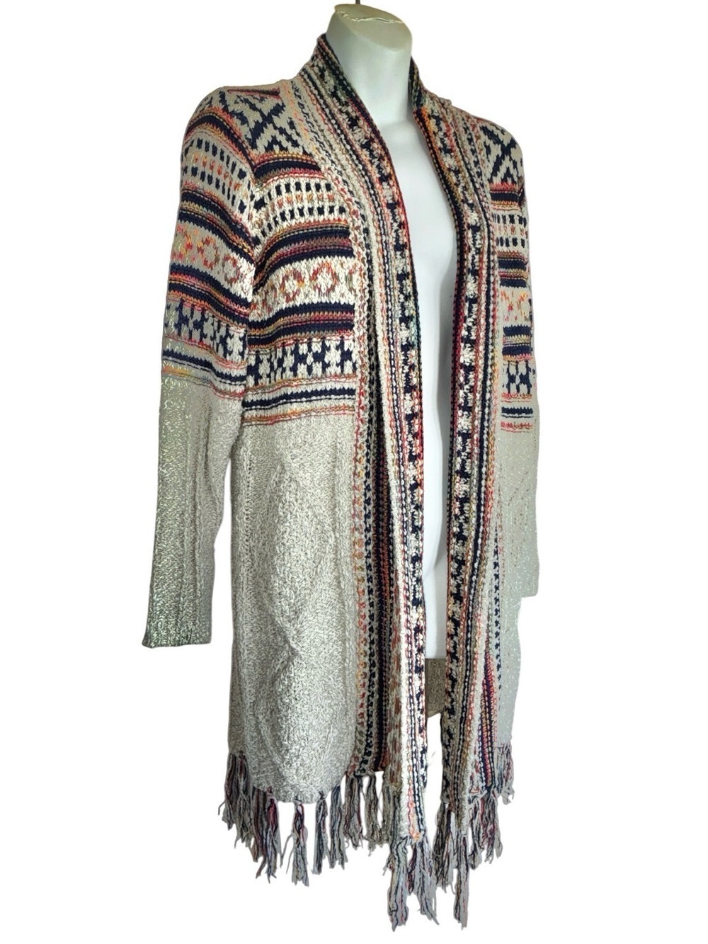 Adora Cardigan Sweater, Women's, S/M, Cream, Fair Isle Trim, Boho, Fringe EUC